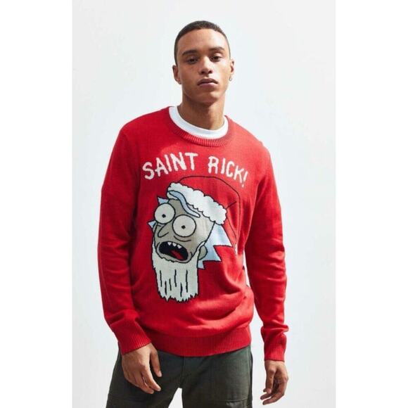 Rick and Morty Christmas Sweater Red Saint Knit Urban Outfitters Men Size Large - Picture 2 of 8